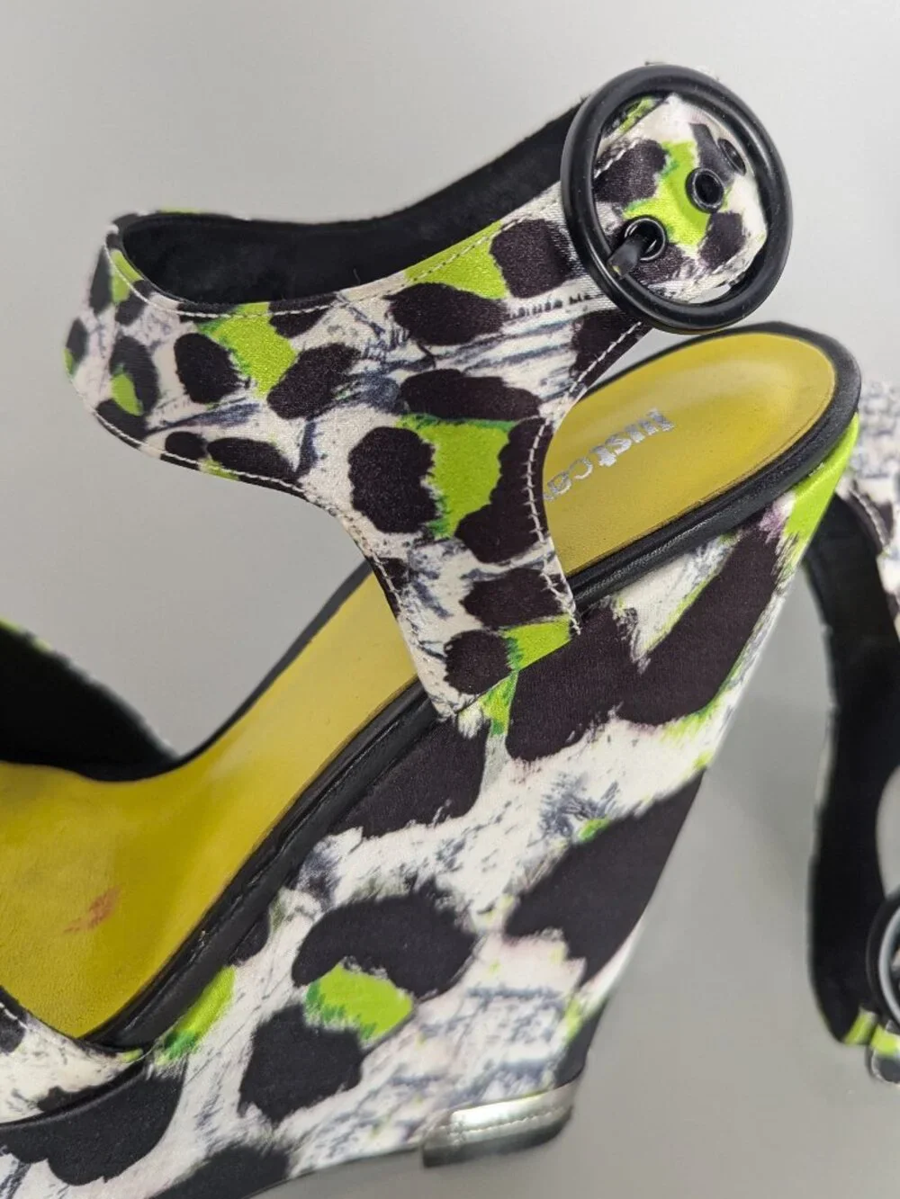 Just Cavalli Y2K Neon Black White Animal Print Open Toe Wedge Heels Size 38